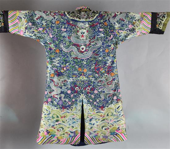 A Chinese embroidered silk dragon robe, 20th century, collar altered